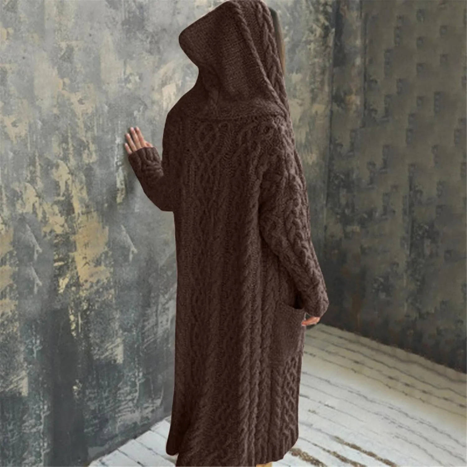 Women's Heavyweight Hooded Sweaters Oversized Open Cardigan Warm Outwear Coat Cable Knit Long Cardigan Sweaters with Pockets