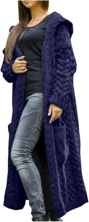 Women's Heavyweight Hooded Sweaters Oversized Open Cardigan Warm Outwear Coat Cable Knit Long Cardigan Sweaters with Pockets