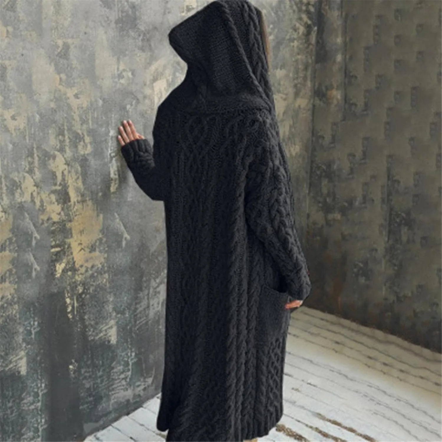 Women's Heavyweight Hooded Sweaters Oversized Open Cardigan Warm Outwear Coat Cable Knit Long Cardigan Sweaters with Pockets