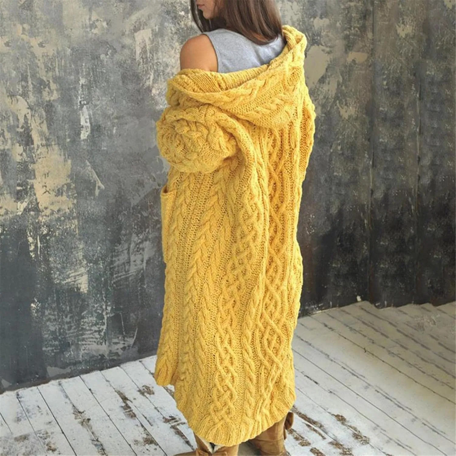 Women's Heavyweight Hooded Sweaters Oversized Open Cardigan Warm Outwear Coat Cable Knit Long Cardigan Sweaters with Pockets