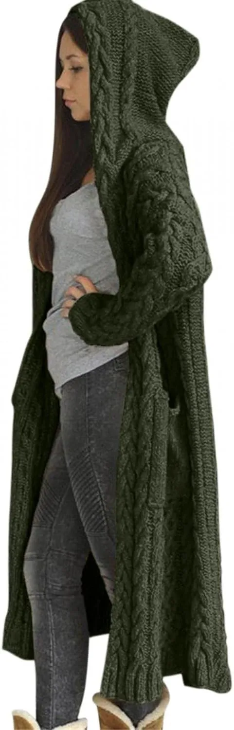 Women's Heavyweight Hooded Sweaters Oversized Open Cardigan Warm Outwear Coat Cable Knit Long Cardigan Sweaters with Pockets