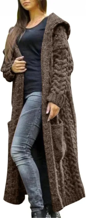 Women's Heavyweight Hooded Sweaters Oversized Open Cardigan Warm Outwear Coat Cable Knit Long Cardigan Sweaters with Pockets