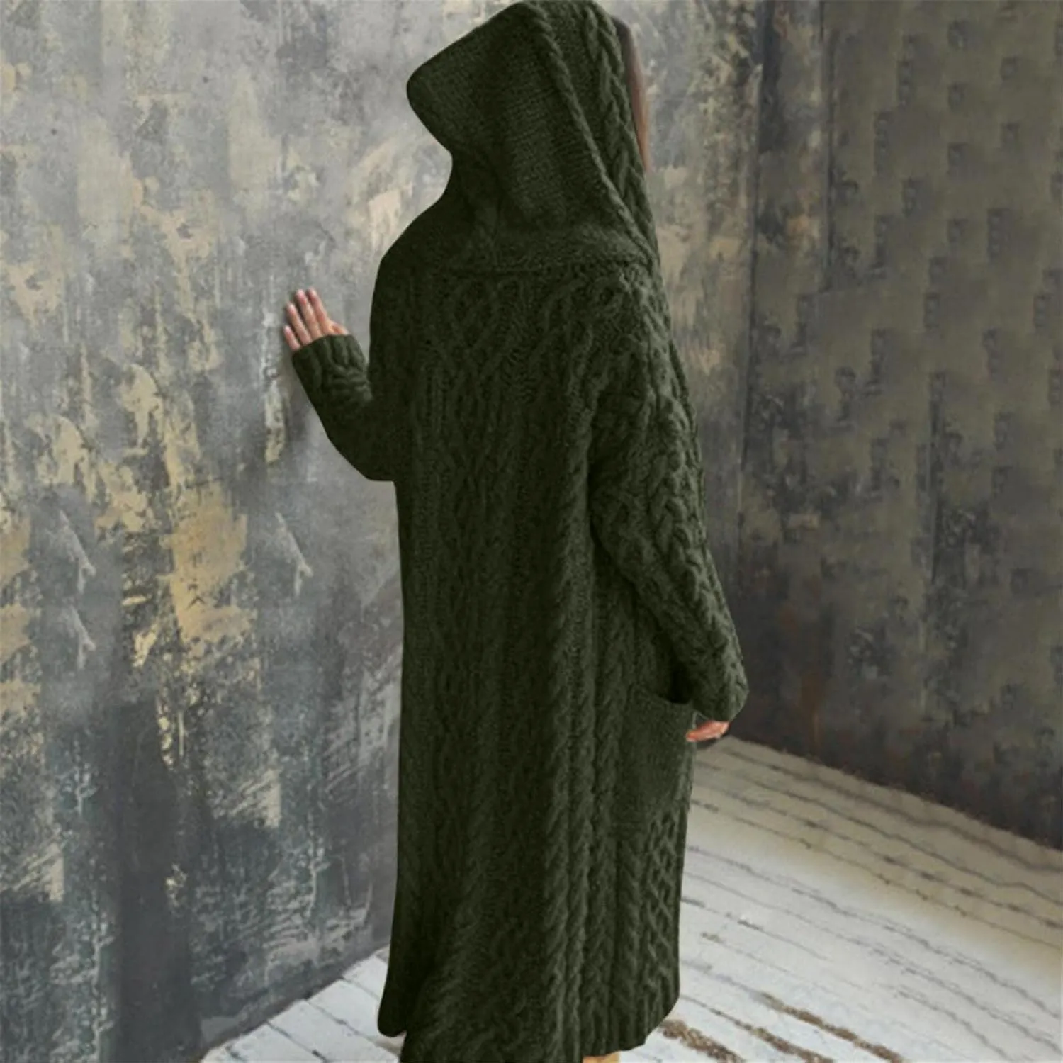 Women's Heavyweight Hooded Sweaters Oversized Open Cardigan Warm Outwear Coat Cable Knit Long Cardigan Sweaters with Pockets
