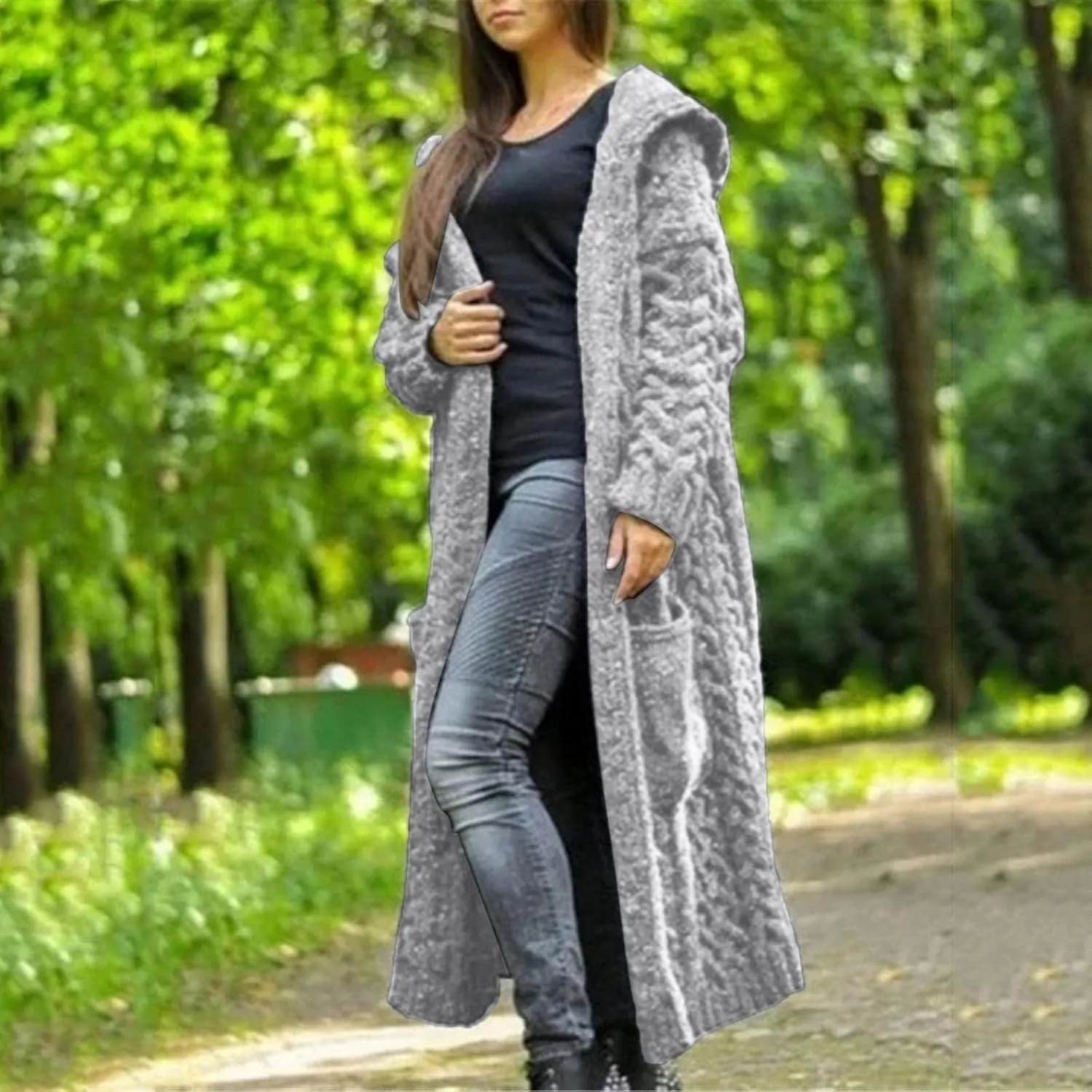 Women's Heavyweight Hooded Sweaters Oversized Open Cardigan Warm Outwear Coat Cable Knit Long Cardigan Sweaters with Pockets