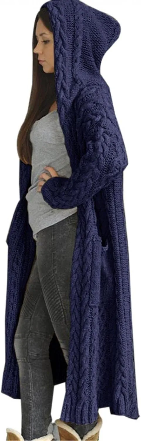 Women's Heavyweight Hooded Sweaters Oversized Open Cardigan Warm Outwear Coat Cable Knit Long Cardigan Sweaters with Pockets
