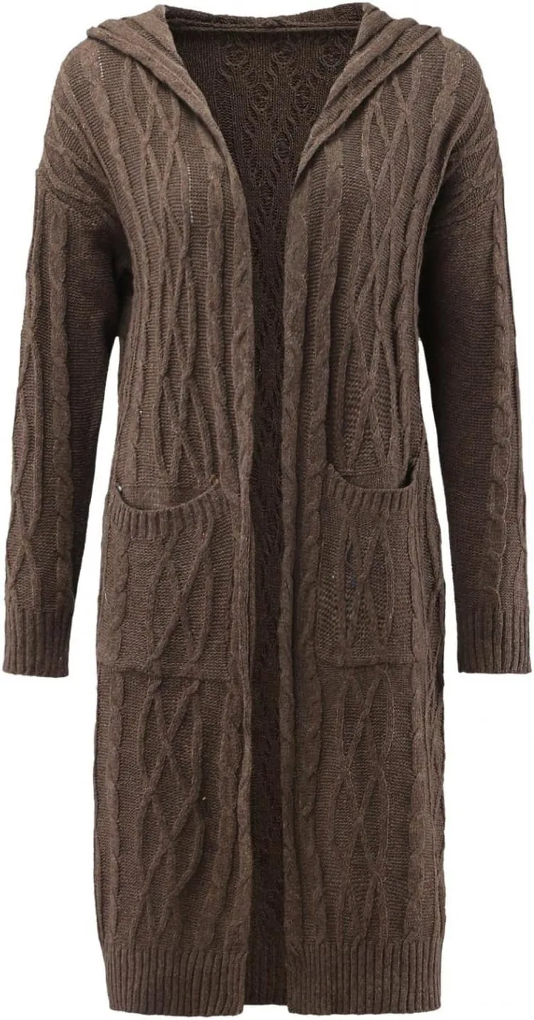 Women's Heavyweight Hooded Sweaters Oversized Open Cardigan Warm Outwear Coat Cable Knit Long Cardigan Sweaters with Pockets