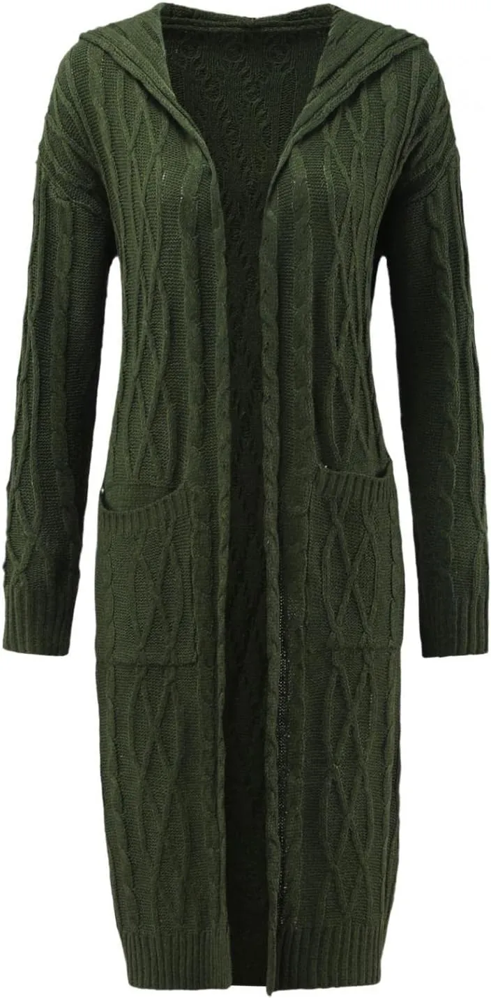 Women's Heavyweight Hooded Sweaters Oversized Open Cardigan Warm Outwear Coat Cable Knit Long Cardigan Sweaters with Pockets
