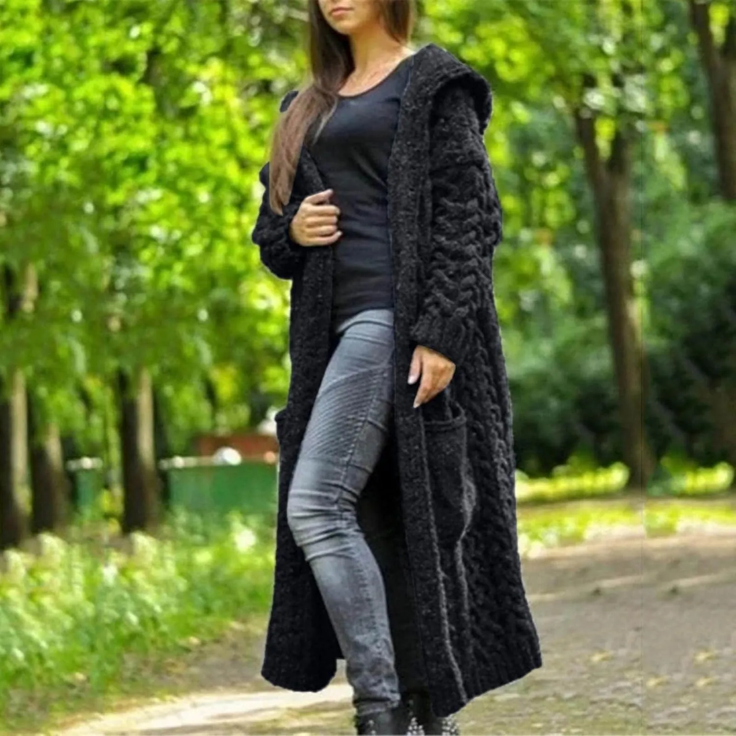 Women's Heavyweight Hooded Sweaters Oversized Open Cardigan Warm Outwear Coat Cable Knit Long Cardigan Sweaters with Pockets