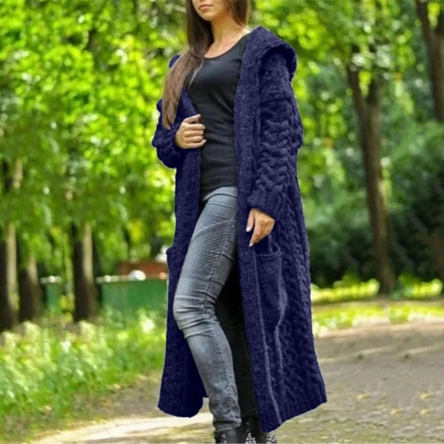 Women's Heavyweight Hooded Sweaters Oversized Open Cardigan Warm Outwear Coat Cable Knit Long Cardigan Sweaters with Pockets