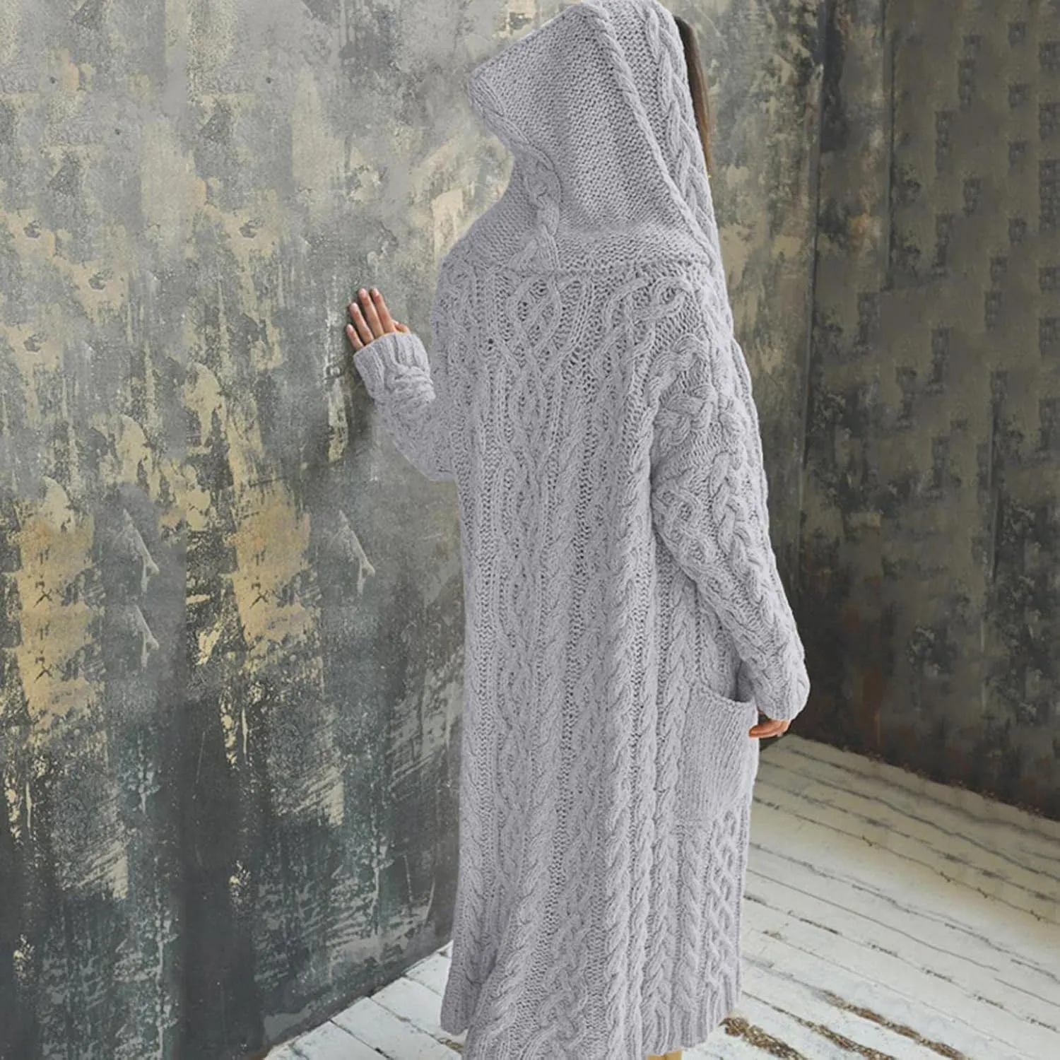 Women's Heavyweight Hooded Sweaters Oversized Open Cardigan Warm Outwear Coat Cable Knit Long Cardigan Sweaters with Pockets
