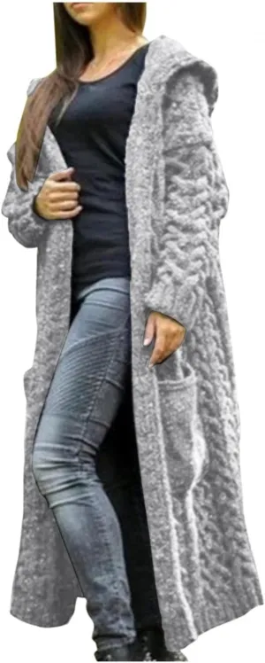 Women's Heavyweight Hooded Sweaters Oversized Open Cardigan Warm Outwear Coat Cable Knit Long Cardigan Sweaters with Pockets