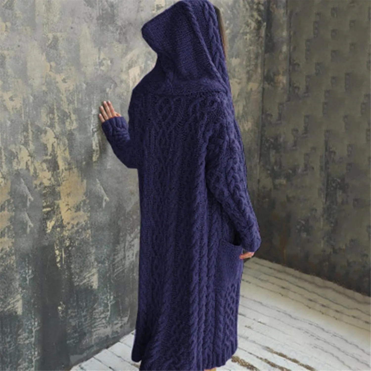 Women's Heavyweight Hooded Sweaters Oversized Open Cardigan Warm Outwear Coat Cable Knit Long Cardigan Sweaters with Pockets