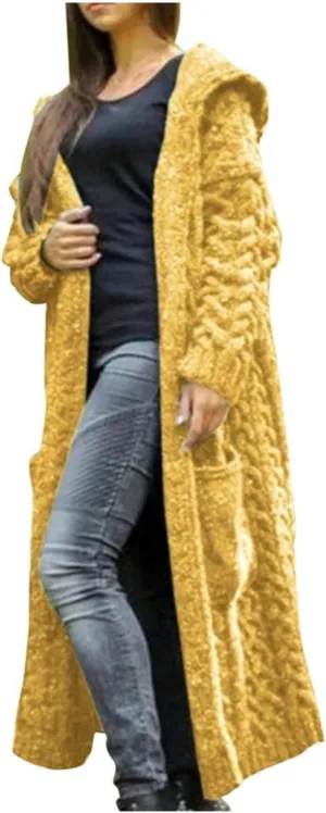 Women's Heavyweight Hooded Sweaters Oversized Open Cardigan Warm Outwear Coat Cable Knit Long Cardigan Sweaters with Pockets