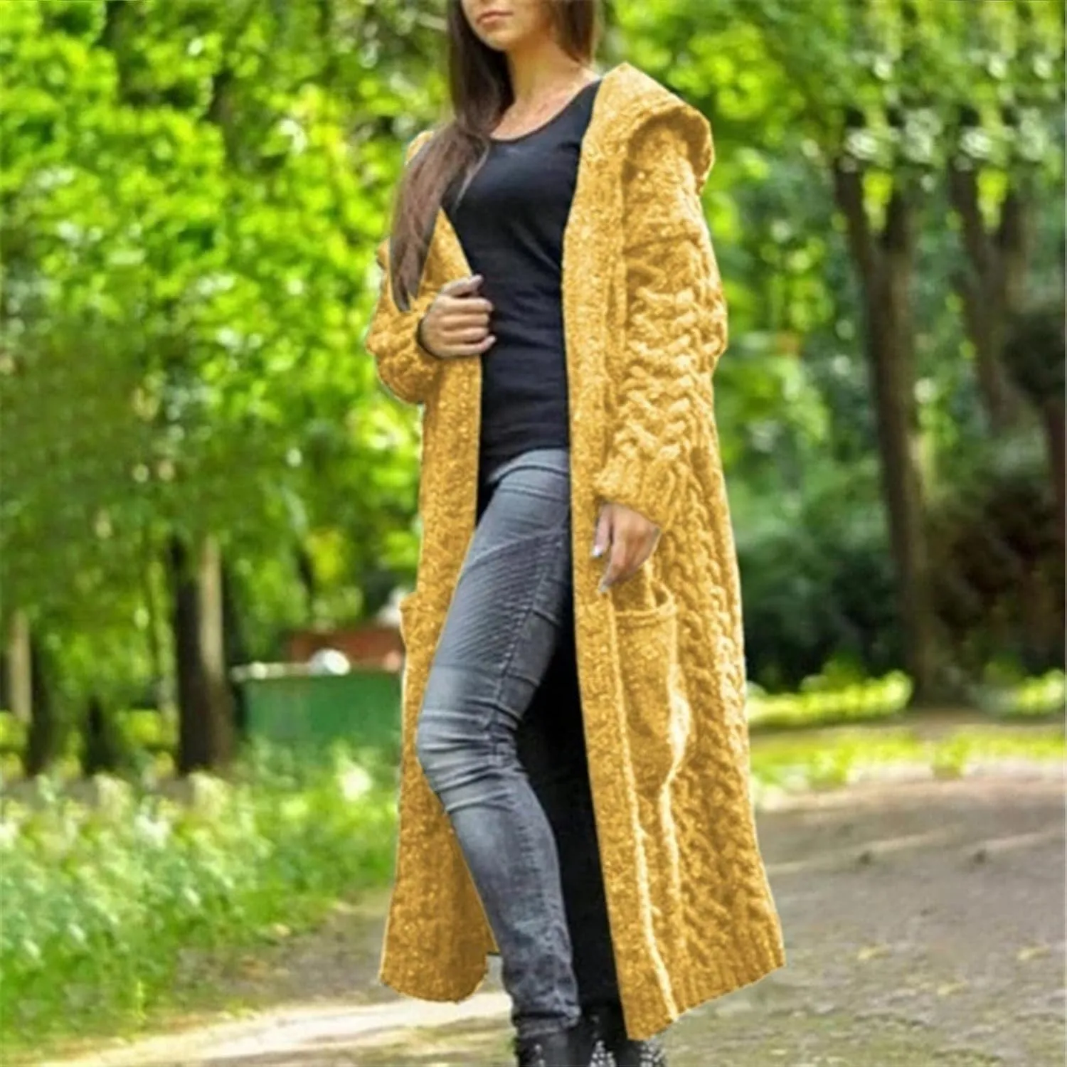 Women's Heavyweight Hooded Sweaters Oversized Open Cardigan Warm Outwear Coat Cable Knit Long Cardigan Sweaters with Pockets