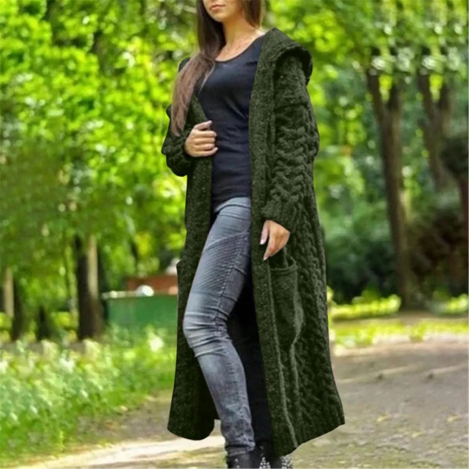 Women's Heavyweight Hooded Sweaters Oversized Open Cardigan Warm Outwear Coat Cable Knit Long Cardigan Sweaters with Pockets