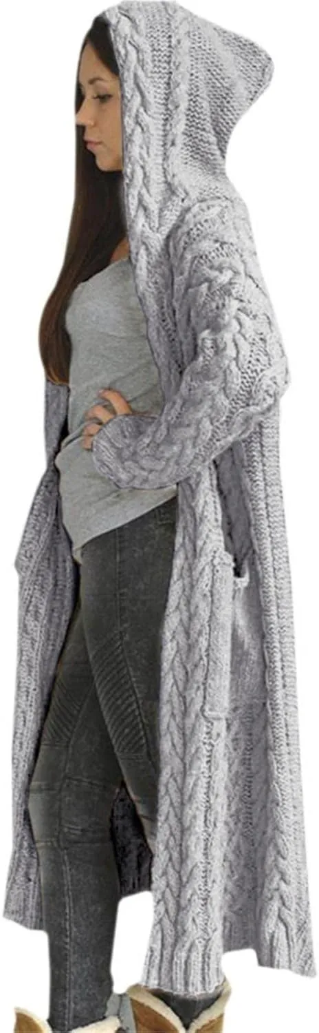Women's Heavyweight Hooded Sweaters Oversized Open Cardigan Warm Outwear Coat Cable Knit Long Cardigan Sweaters with Pockets