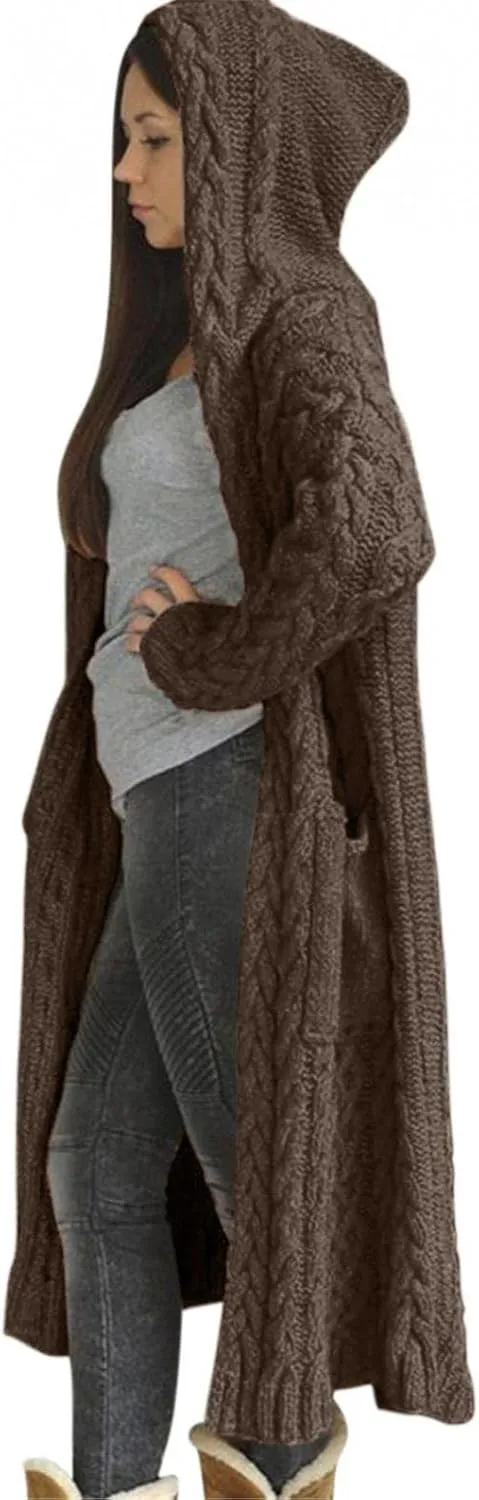 Women's Heavyweight Hooded Sweaters Oversized Open Cardigan Warm Outwear Coat Cable Knit Long Cardigan Sweaters with Pockets