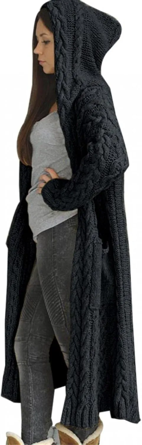 Women's Heavyweight Hooded Sweaters Oversized Open Cardigan Warm Outwear Coat Cable Knit Long Cardigan Sweaters with Pockets