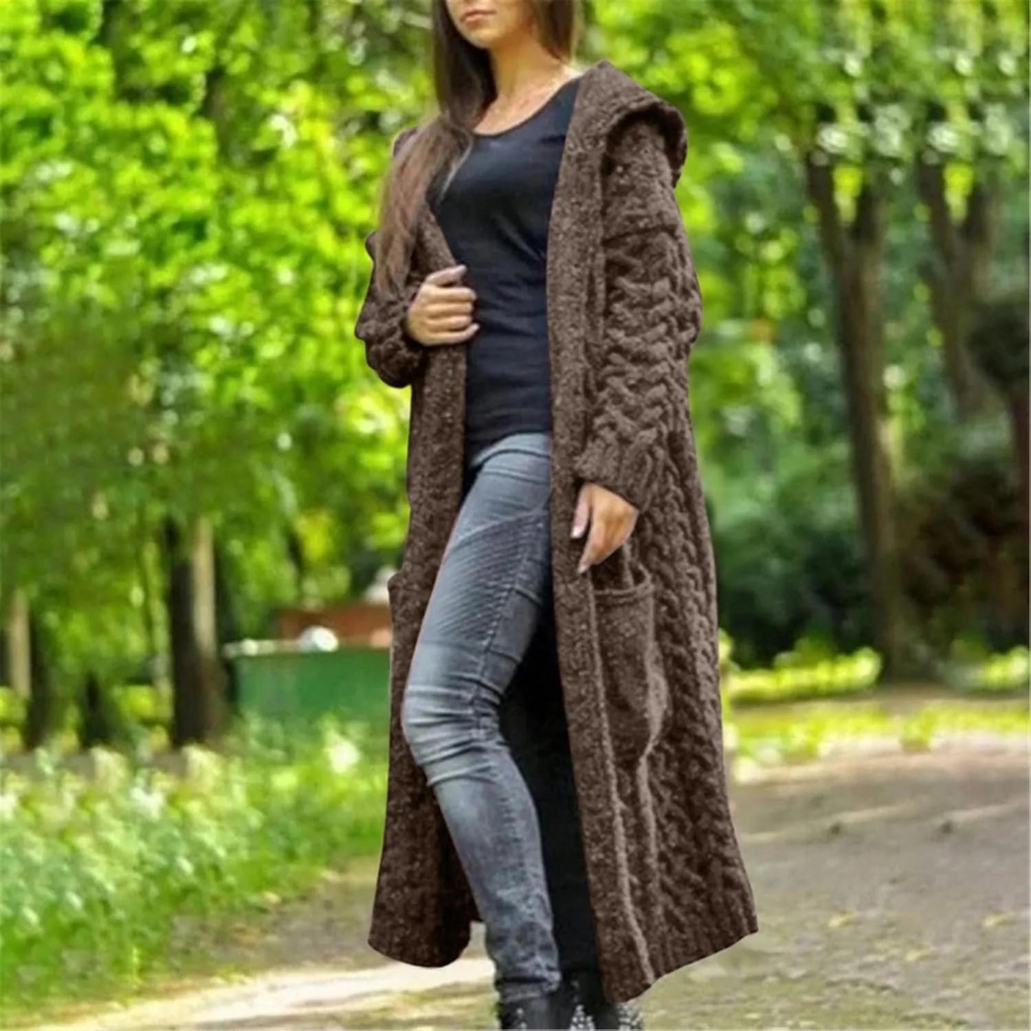 Women's Heavyweight Hooded Sweaters Oversized Open Cardigan Warm Outwear Coat Cable Knit Long Cardigan Sweaters with Pockets