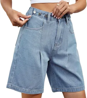 Women's High Waisted Knee Length Denim Shorts Button Adjustable Waist Shorts Bermuda Long Jean Shorts for Teen Girls