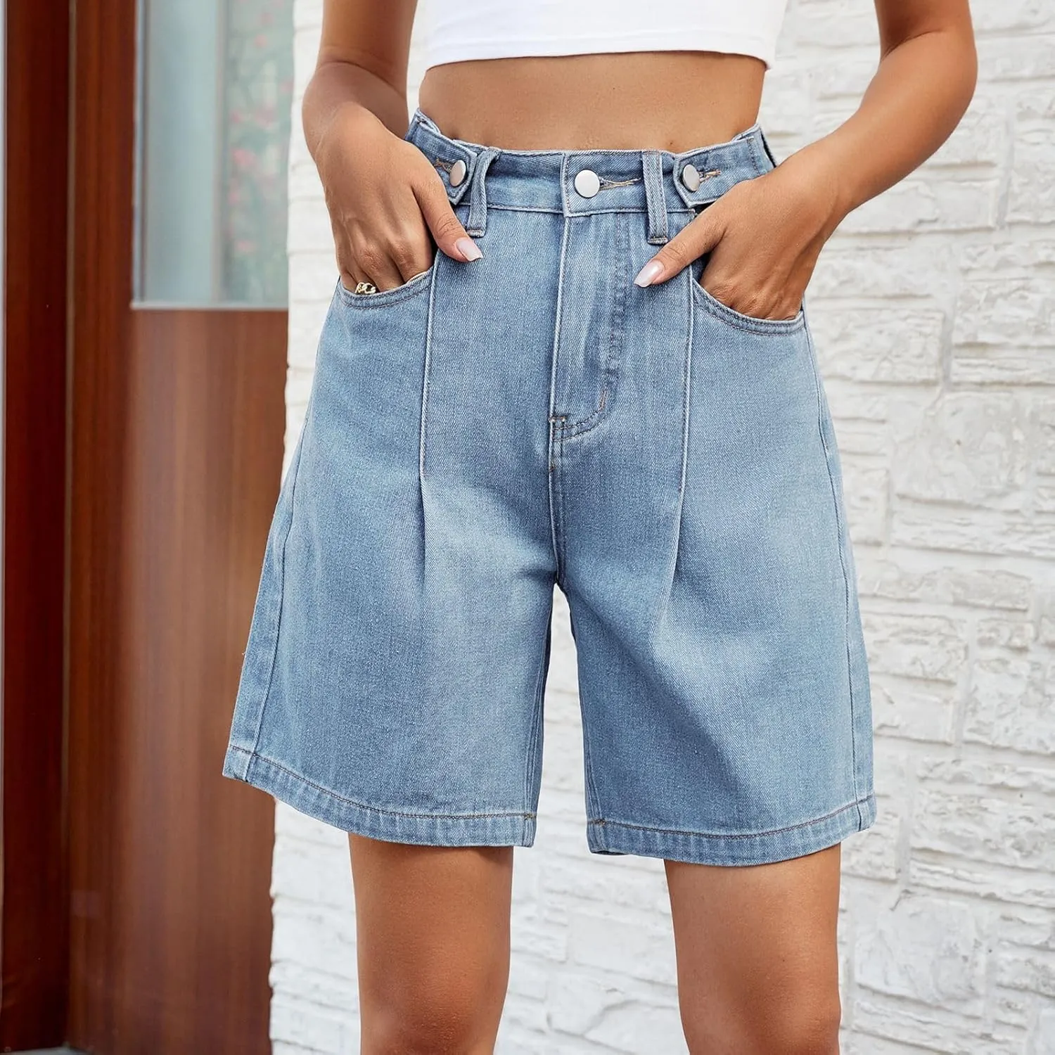 Women's High Waisted Knee Length Denim Shorts Button Adjustable Waist Shorts Bermuda Long Jean Shorts for Teen Girls