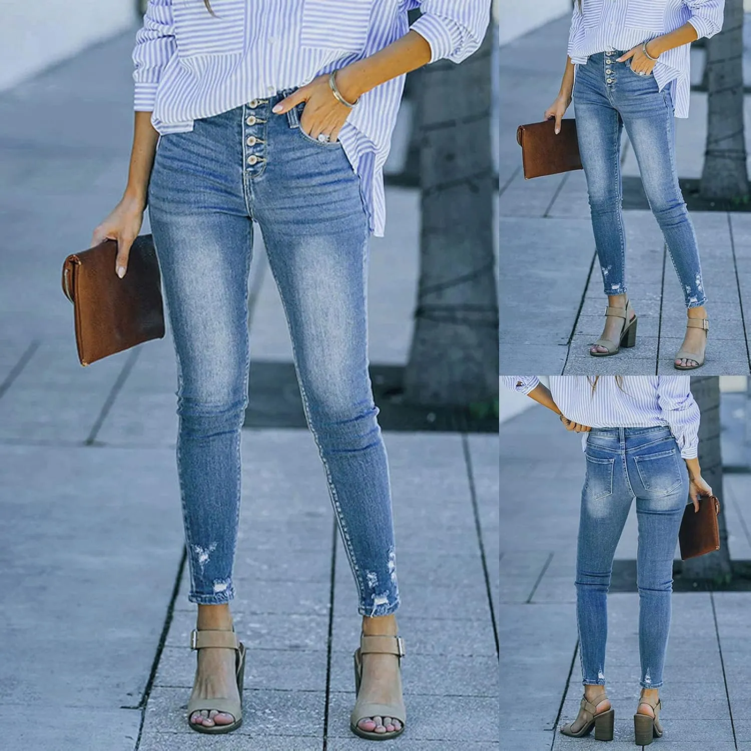 Womens High Waisted Skinny Jeans Ripped Distressed Stretch Slim Fit Denim Pants Casual Butt Lift Trousers with Pocket