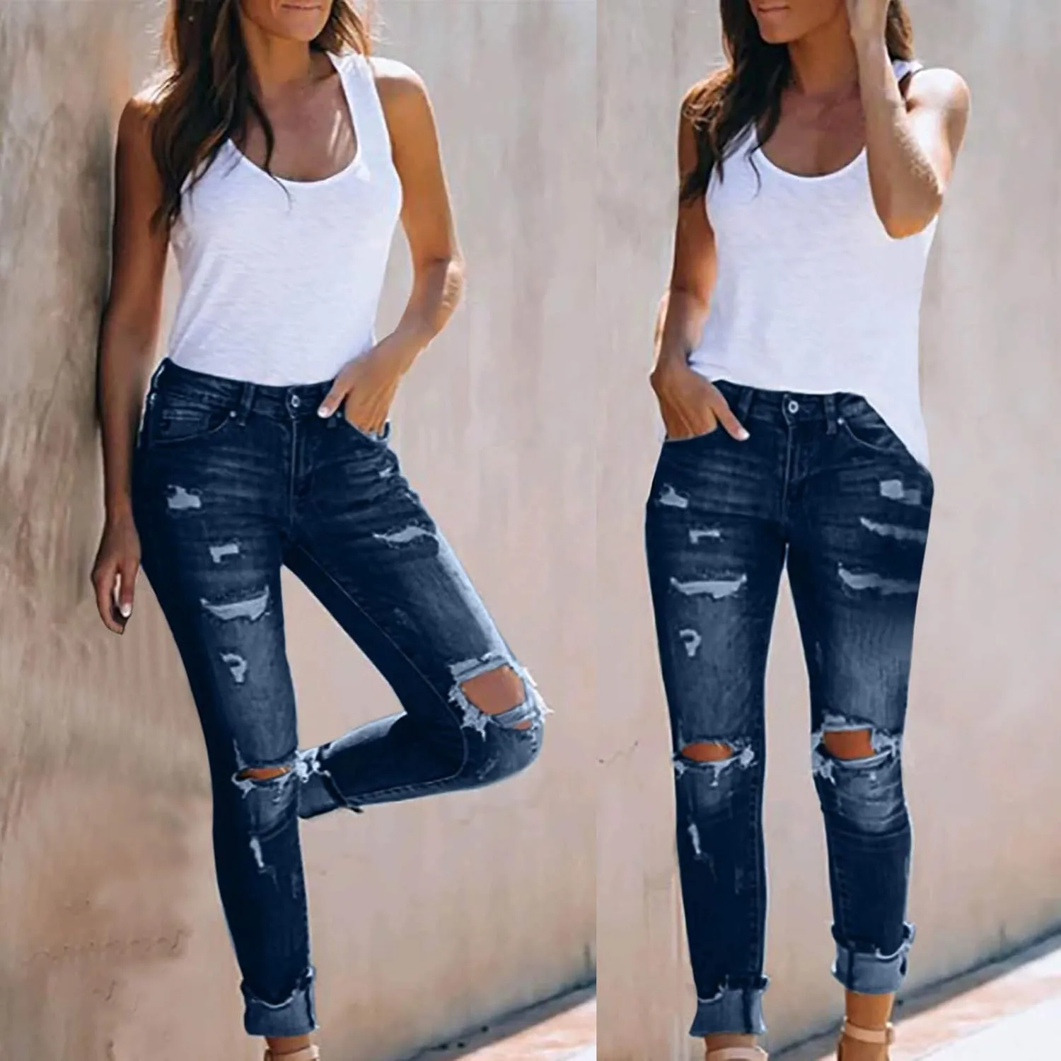 Womens High Waisted Skinny Jeans Ripped Distressed Stretch Slim Fit Denim Pants Casual Butt Lift Trousers with Pocket