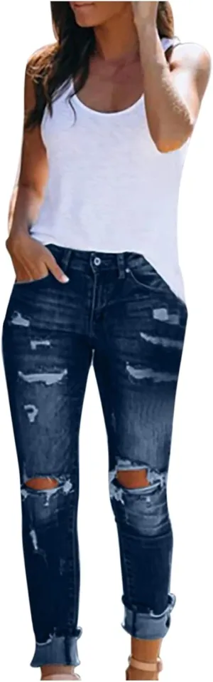 Womens High Waisted Skinny Jeans Ripped Distressed Stretch Slim Fit Denim Pants Casual Butt Lift Trousers with Pocket
