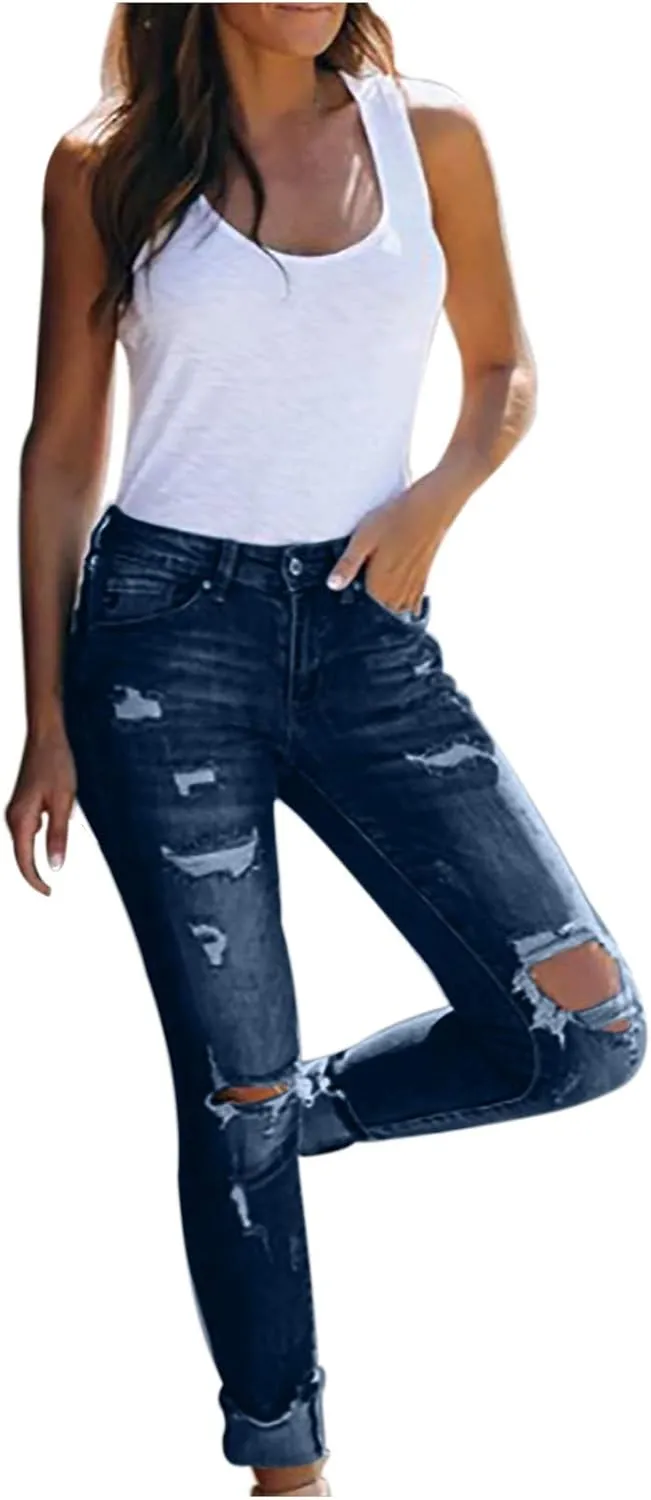 Womens High Waisted Skinny Jeans Ripped Distressed Stretch Slim Fit Denim Pants Casual Butt Lift Trousers with Pocket