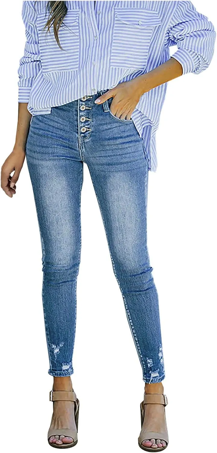 Womens High Waisted Skinny Jeans Ripped Distressed Stretch Slim Fit Denim Pants Casual Butt Lift Trousers with Pocket