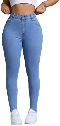 Womens High-Waisted Skinny Jeans - Stretch Denim, Soft & Breathable, Medium Blue All-Season Casual Pants