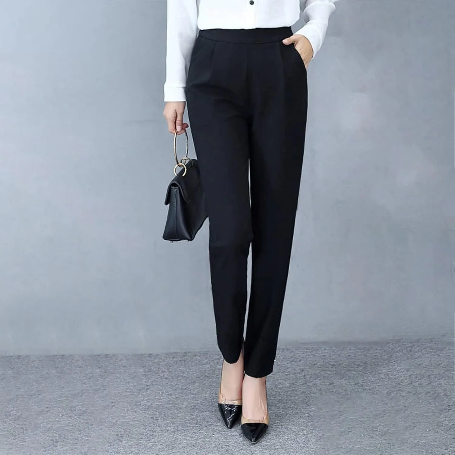 Women's High Waisted Work Business Trousers Pleated Office Slacks Pants Crop Dress Pants
