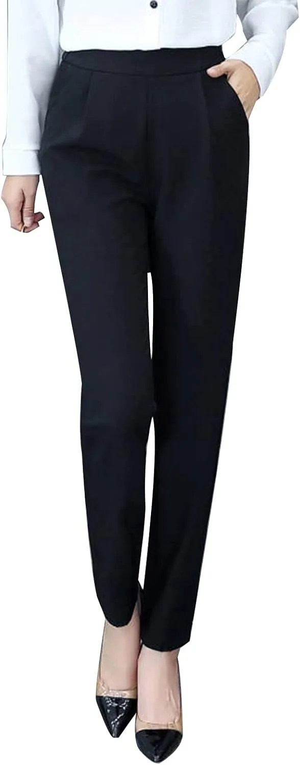Women's High Waisted Work Business Trousers Pleated Office Slacks Pants Crop Dress Pants