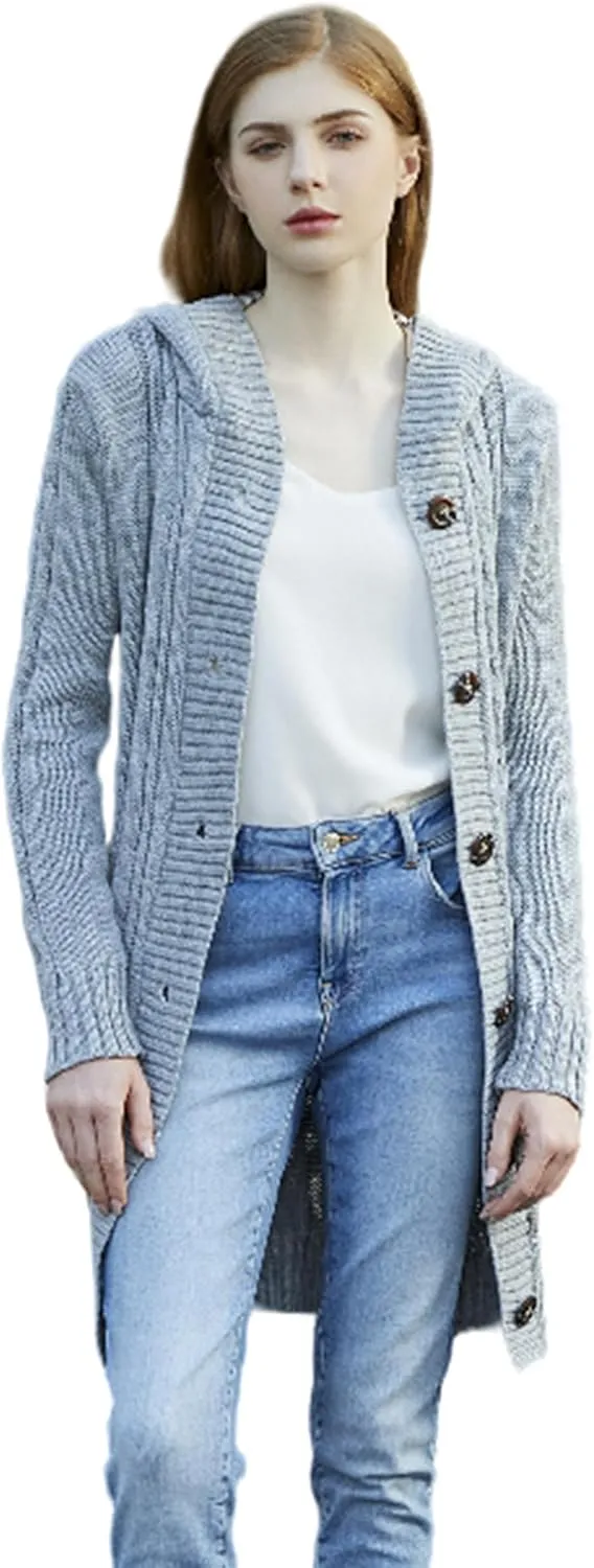 Women's Hooded Open Front Cardigan Long Sleeve Cable Knit Sweaters Outwear with Pockets