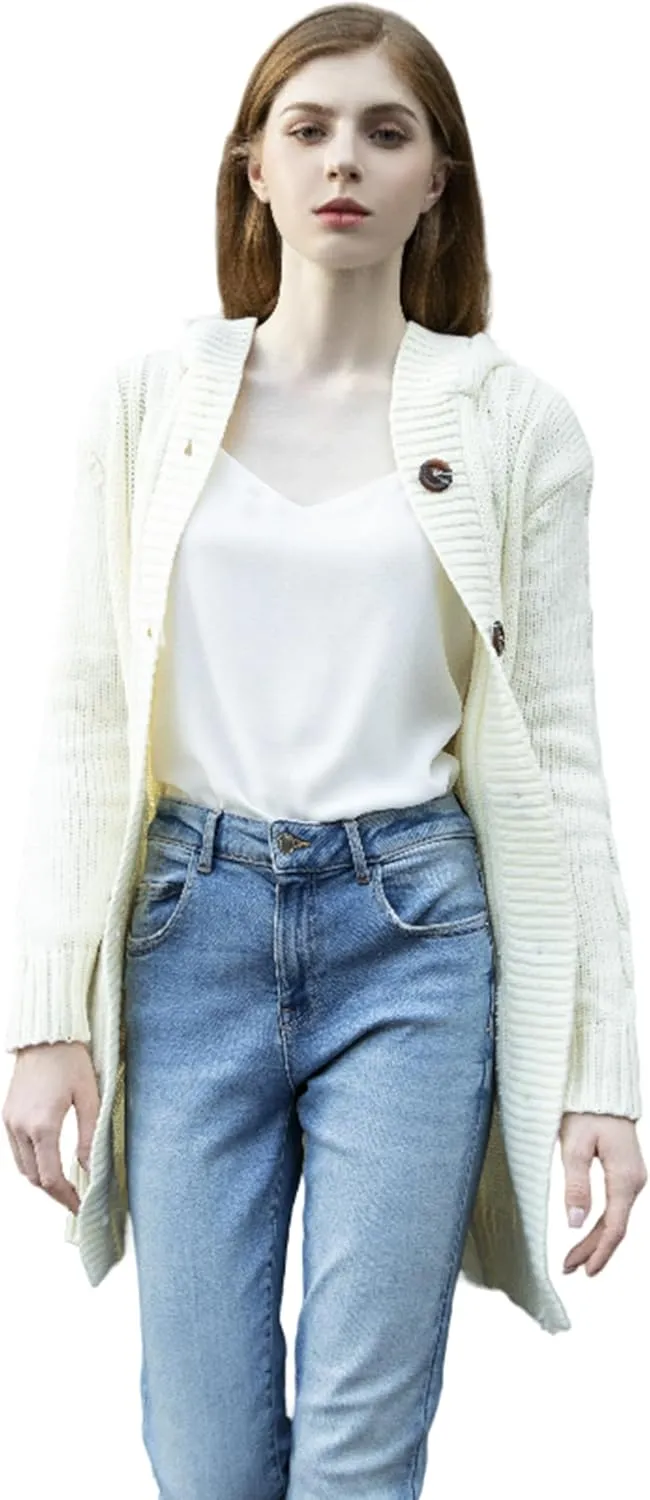 Women's Hooded Open Front Cardigan Long Sleeve Cable Knit Sweaters Outwear with Pockets