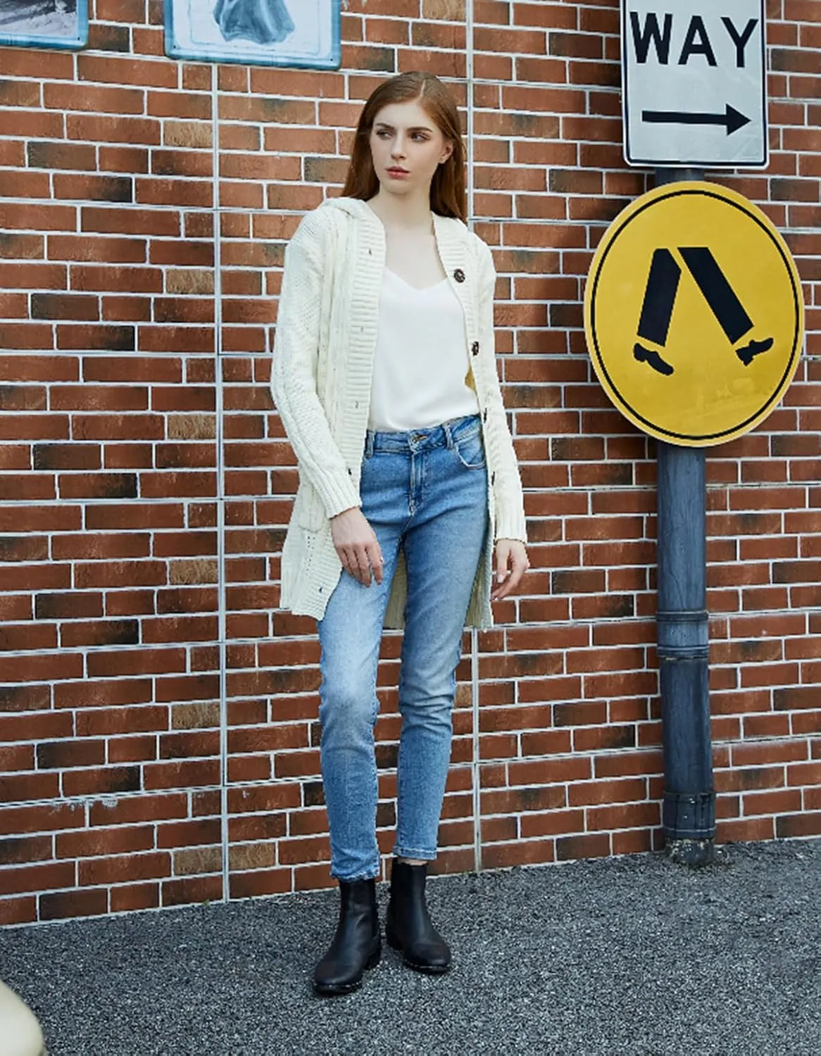 Women's Hooded Open Front Cardigan Long Sleeve Cable Knit Sweaters Outwear with Pockets