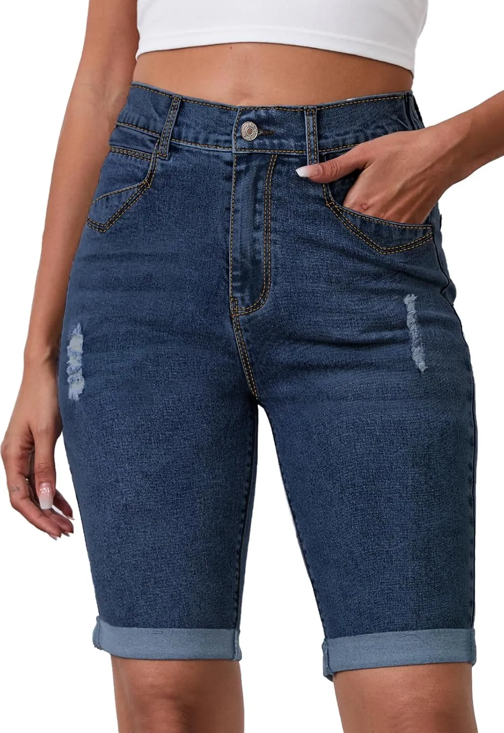 Womens Jean Shorts High Waisted Stretchy Elastic Waist Denim Bermuda Shorts Summer 10” Inseam Jorts