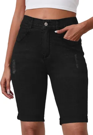 Womens Jean Shorts High Waisted Stretchy Elastic Waist Denim Bermuda Shorts Summer 10” Inseam Jorts