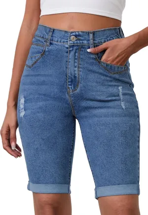 Womens Jean Shorts High Waisted Stretchy Elastic Waist Denim Bermuda Shorts Summer 10” Inseam Jorts