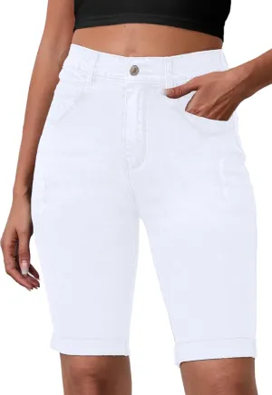 Womens Jean Shorts High Waisted Stretchy Elastic Waist Denim Bermuda Shorts Summer 10” Inseam Jorts