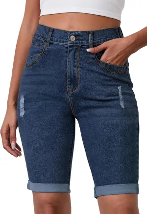 Womens Jean Shorts High Waisted Stretchy Elastic Waist Denim Bermuda Shorts Summer 10” Inseam Jorts