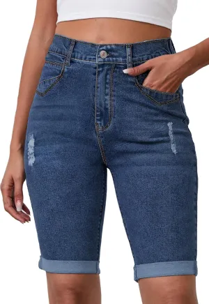 Womens Jean Shorts High Waisted Stretchy Elastic Waist Denim Bermuda Shorts Summer 10” Inseam Jorts