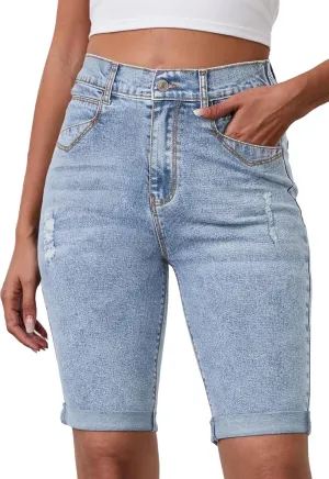 Womens Jean Shorts High Waisted Stretchy Elastic Waist Denim Bermuda Shorts Summer 10” Inseam Jorts