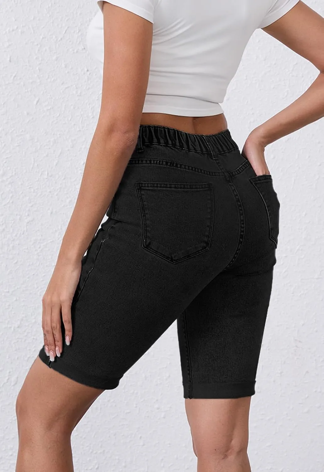 Womens Jean Shorts High Waisted Stretchy Elastic Waist Denim Bermuda Shorts Summer 10” Inseam Jorts