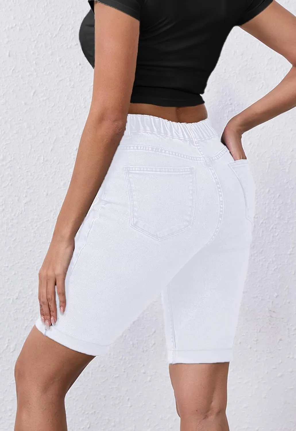 Womens Jean Shorts High Waisted Stretchy Elastic Waist Denim Bermuda Shorts Summer 10” Inseam Jorts