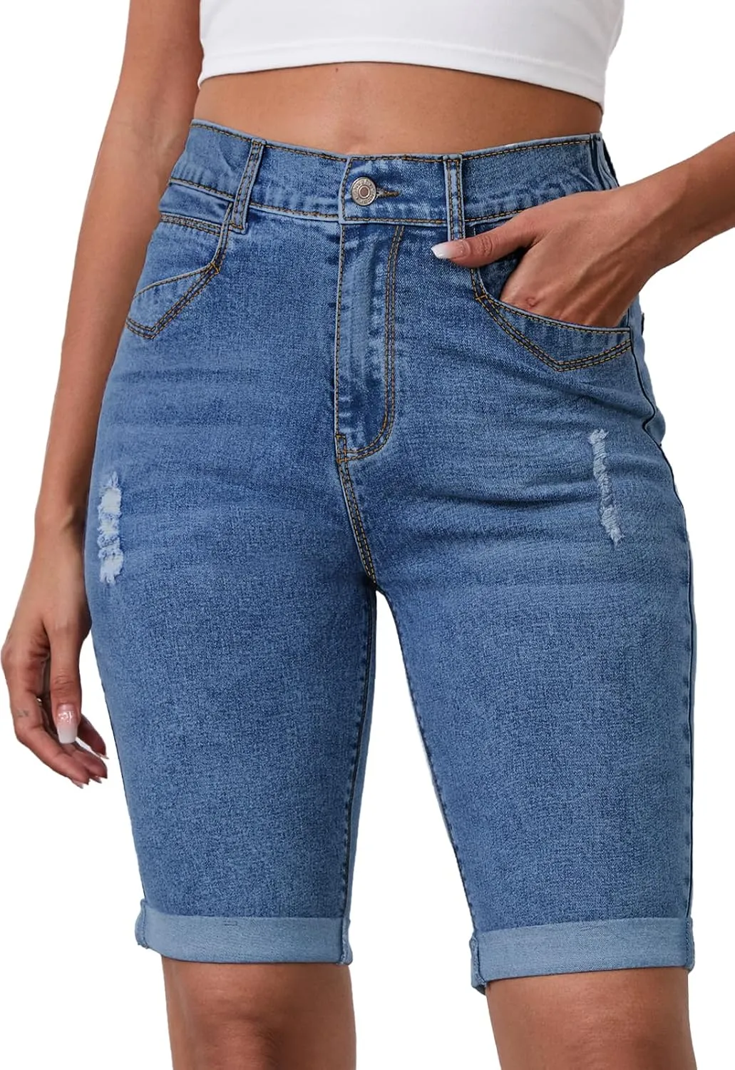 Womens Jean Shorts High Waisted Stretchy Elastic Waist Denim Bermuda Shorts Summer 10” Inseam Jorts