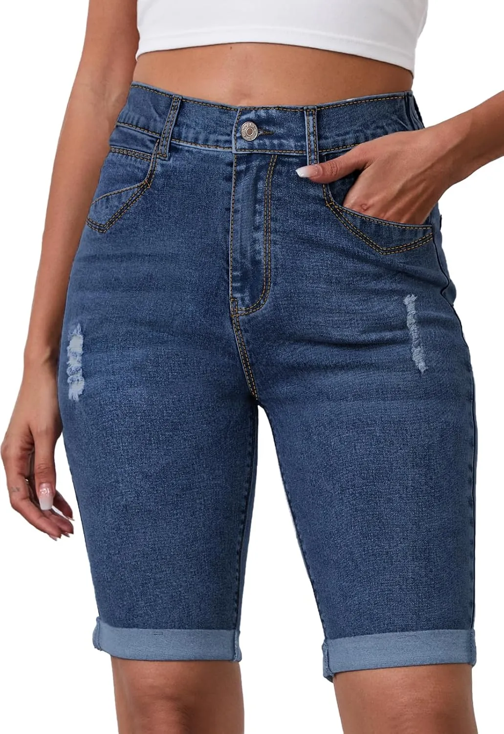 Womens Jean Shorts High Waisted Stretchy Elastic Waist Denim Bermuda Shorts Summer 10” Inseam Jorts