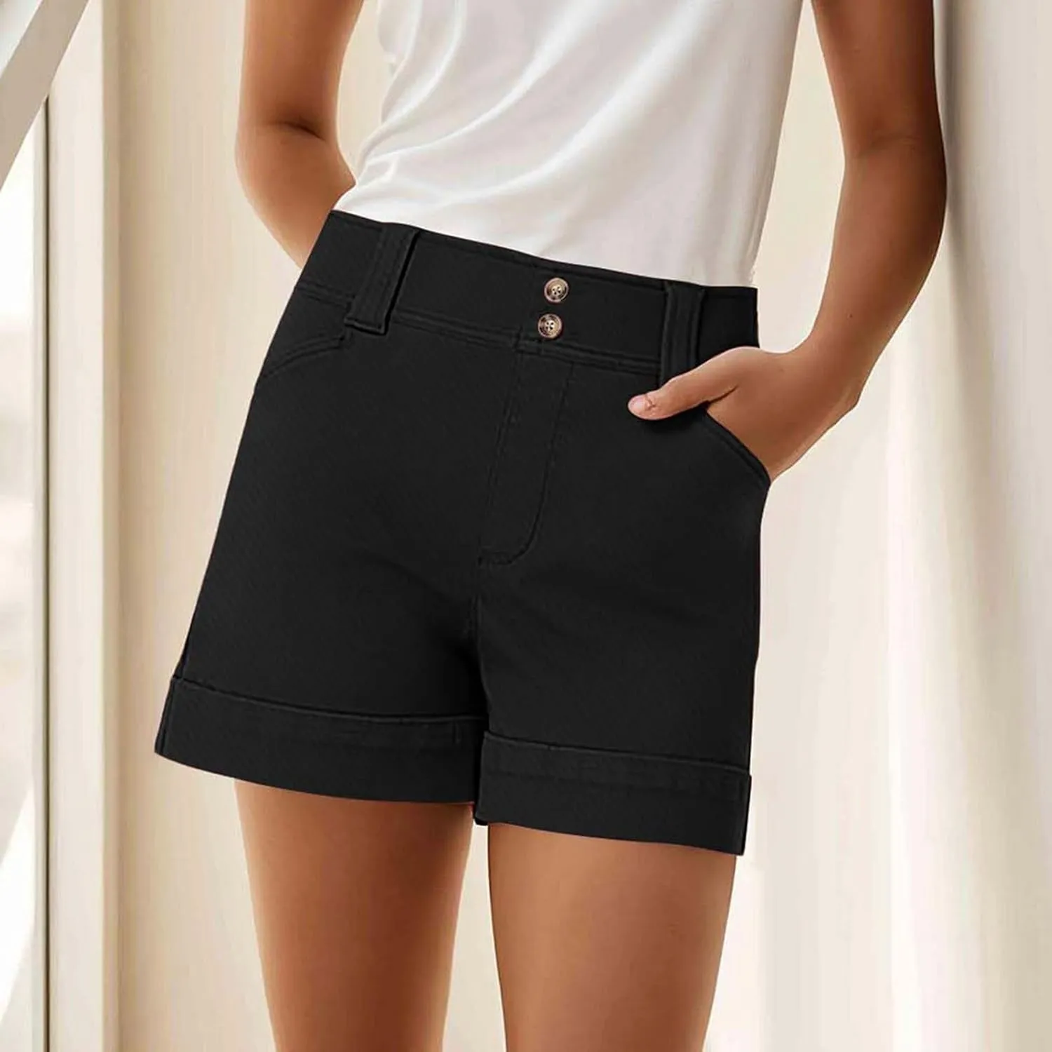 Women's Jean Shorts High Waisted Twill Folded Hem Short Pants Stretchy Button Down Trendy Summer Denim Shorts with Pockets