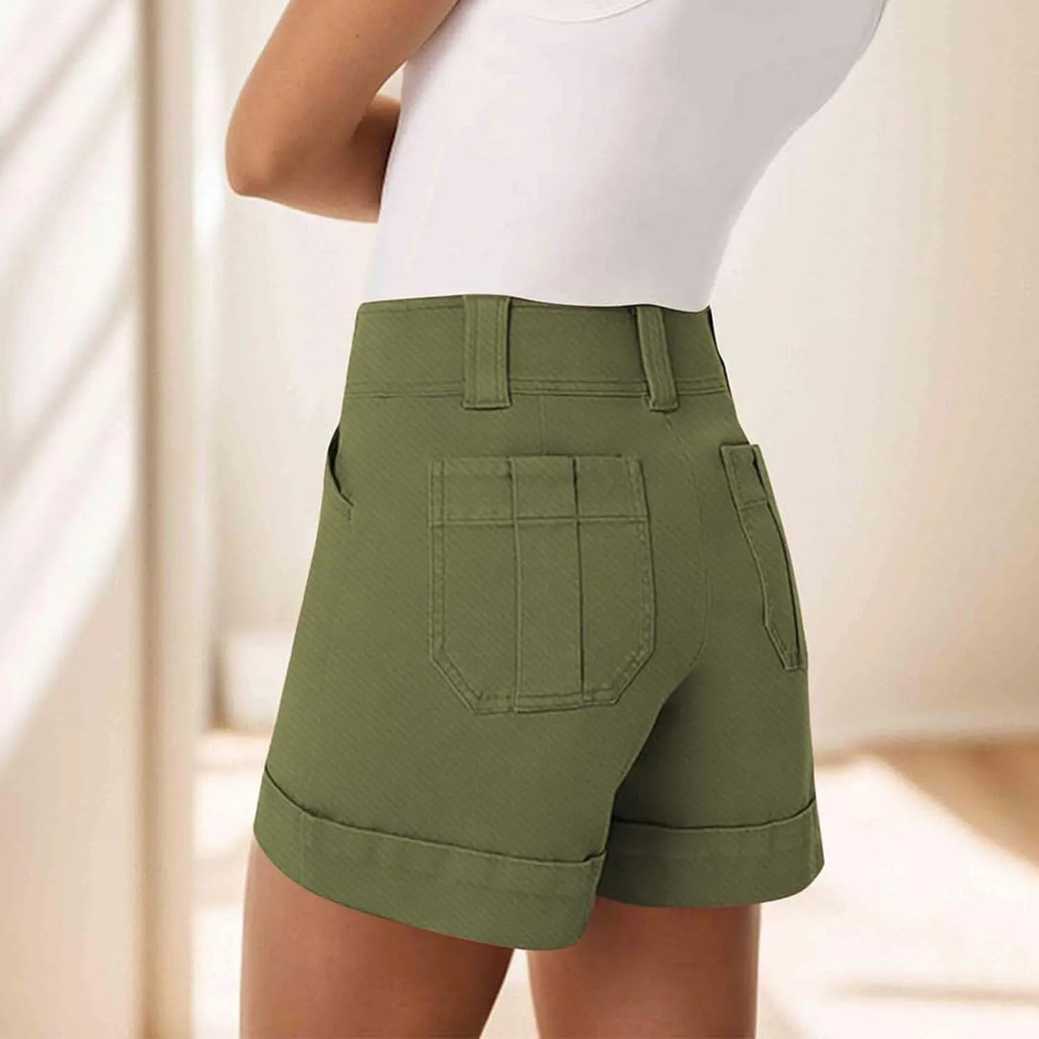 Women's Jean Shorts High Waisted Twill Folded Hem Short Pants Stretchy Button Down Trendy Summer Denim Shorts with Pockets