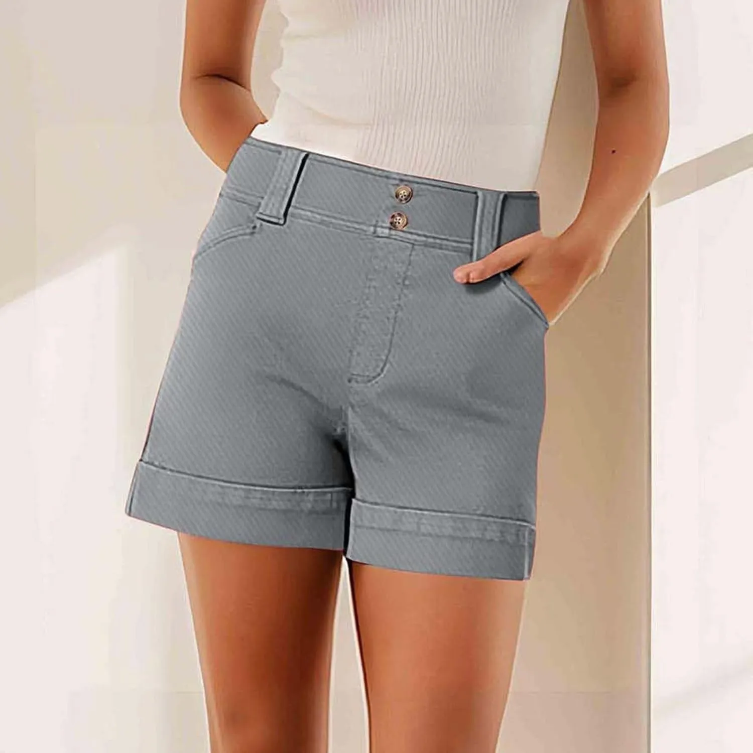 Women's Jean Shorts High Waisted Twill Folded Hem Short Pants Stretchy Button Down Trendy Summer Denim Shorts with Pockets